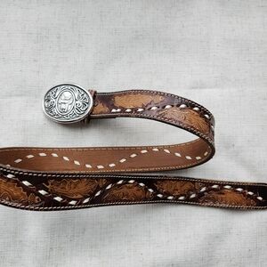 Elegant Brown Leather Belt with Ornate Silver Buckle